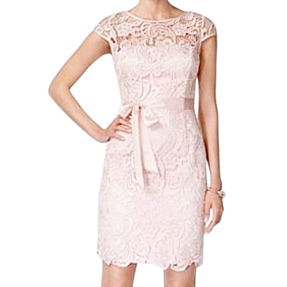 Adrianna Papell Lace Illusion Sheath Dress 4 Blush Pink Cap Sleeve Ribbon Sash